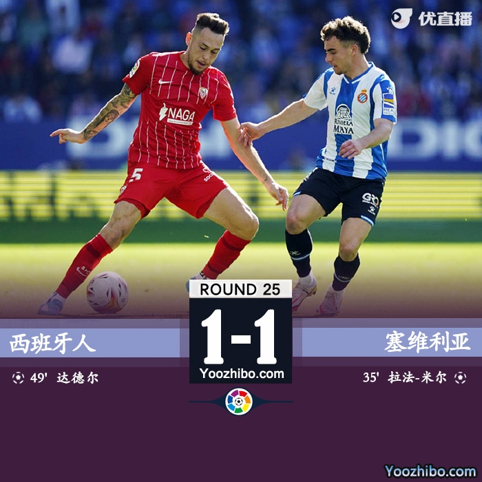 西班牙人1-1塞维利亚 达德尔、米尔破门孔德染红